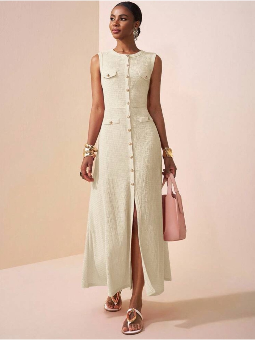 Sleeveless Cream Button-Front Maxi Dress
